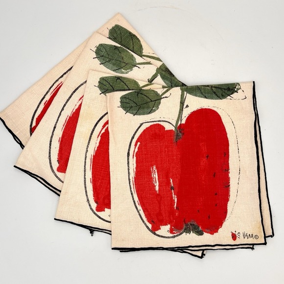 Vintage Vera Neumann Red Apple Linen Cotton‎ napkins Set of 4 - Picture 1 of 12
